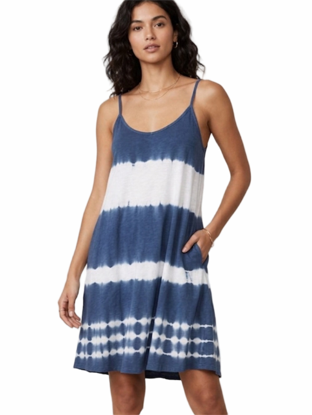 Umgee Navy White Tie-Dye Sundress Linen Blend Boho Medium